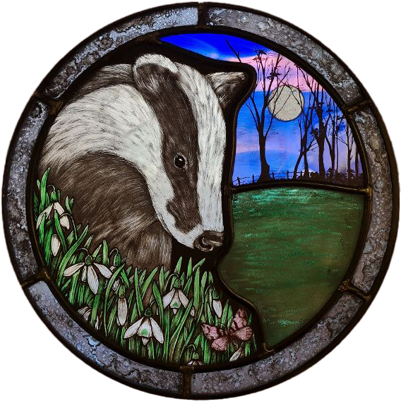 Stained glass window with badger on