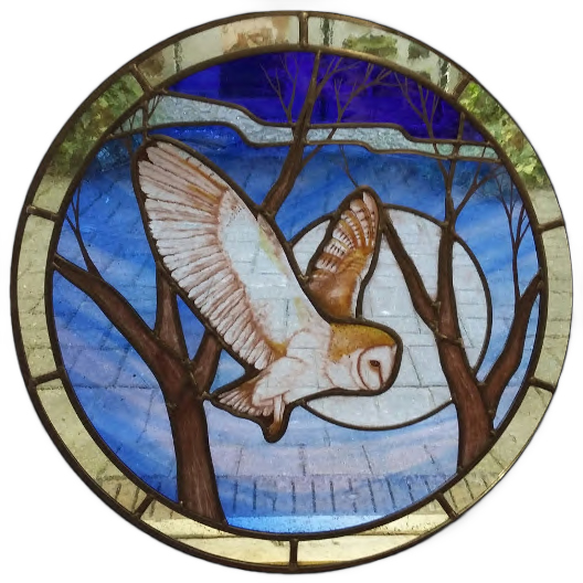round barn owl stained glass window