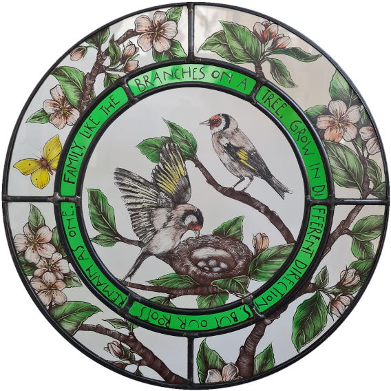round birds stained glass window